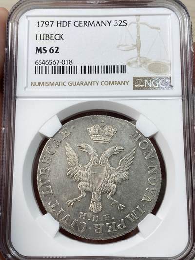 万国钱币拍卖第051期 - NGC MS62 1797年德国汉萨同盟吕贝克自由市32先令大银 全深打银霜寒光状态赞