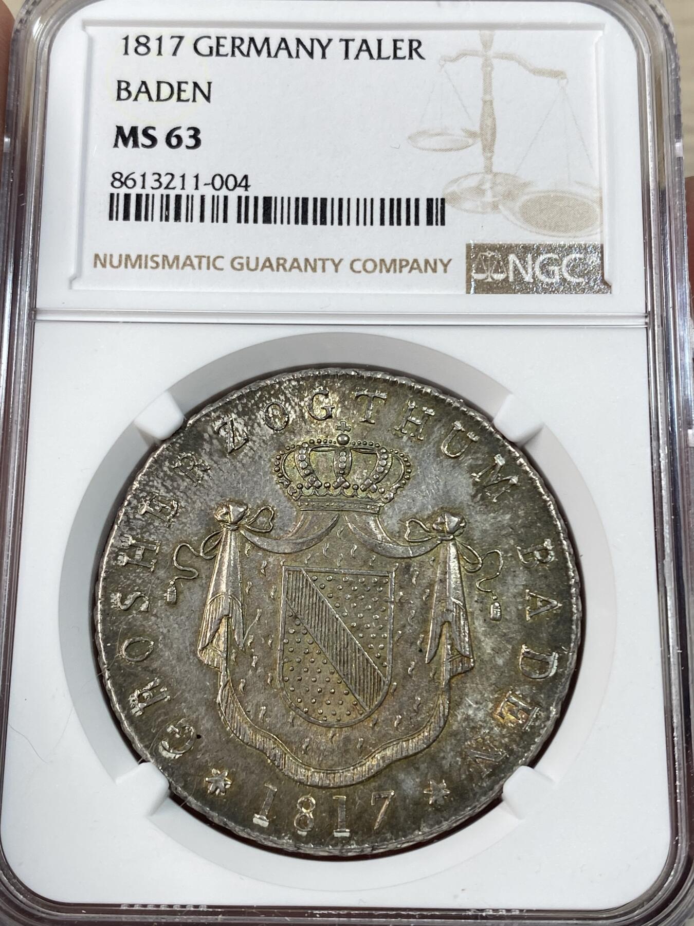万国钱币拍卖第051期 NGC MS63 1817年德国巴登-杜拉赫大公国卡尔·路德维希·弗里德里希窗帘大泰勒 NGC唯一冠军分 第二名55分 断崖式领先型神品 原味德国倒影老包浆 顶级收藏品质