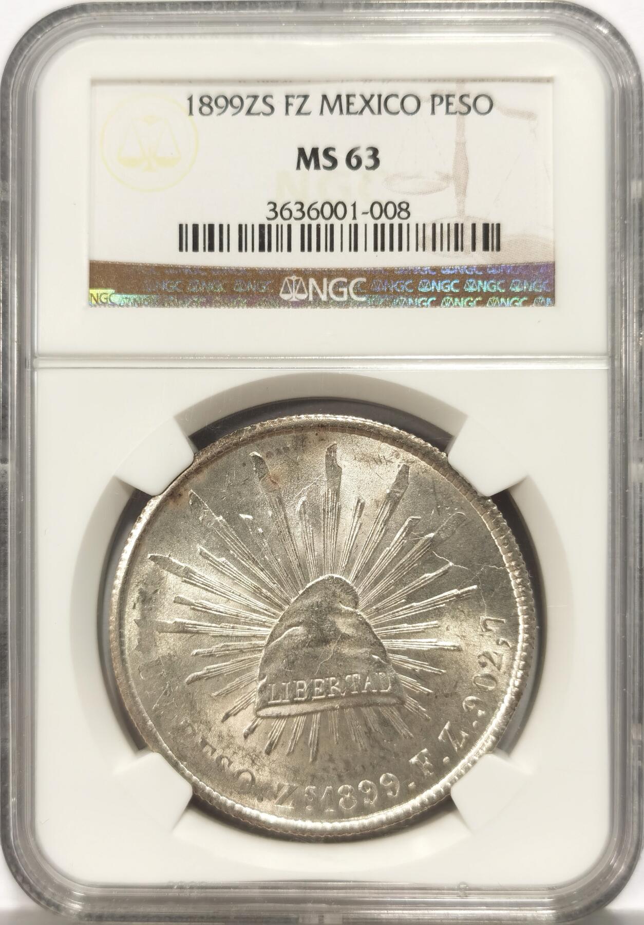 博洋堂世界钱币拍卖第135期（全场包邮）【请留意本场发货时间变化】 NGC MS63 墨西哥1899年ZS FZ版直边鹰洋，原铸中相对少见