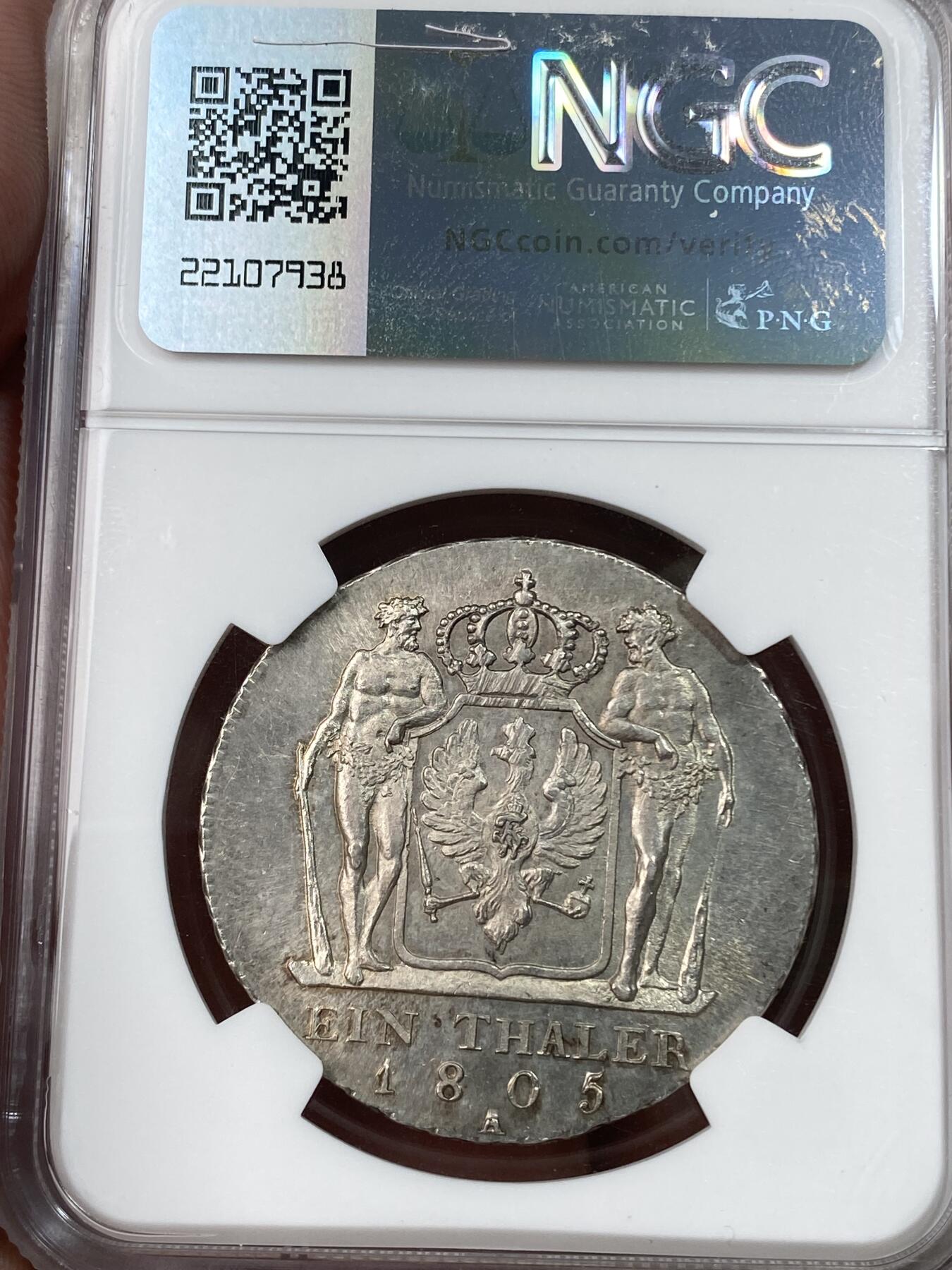 万国钱币拍卖第051期 NGC MS66 1805年德国普鲁士威廉三世野人护盾泰勒 普鲁士名品 NGC唯一冠军分 登顶神品级别 两百多年老泰勒达到66分的难度可想而知 全深打肉眼无暇GEM品质 均匀德系淡彩环绕 所见打制最最清晰者高点封神 绝对的永恒收藏级品质