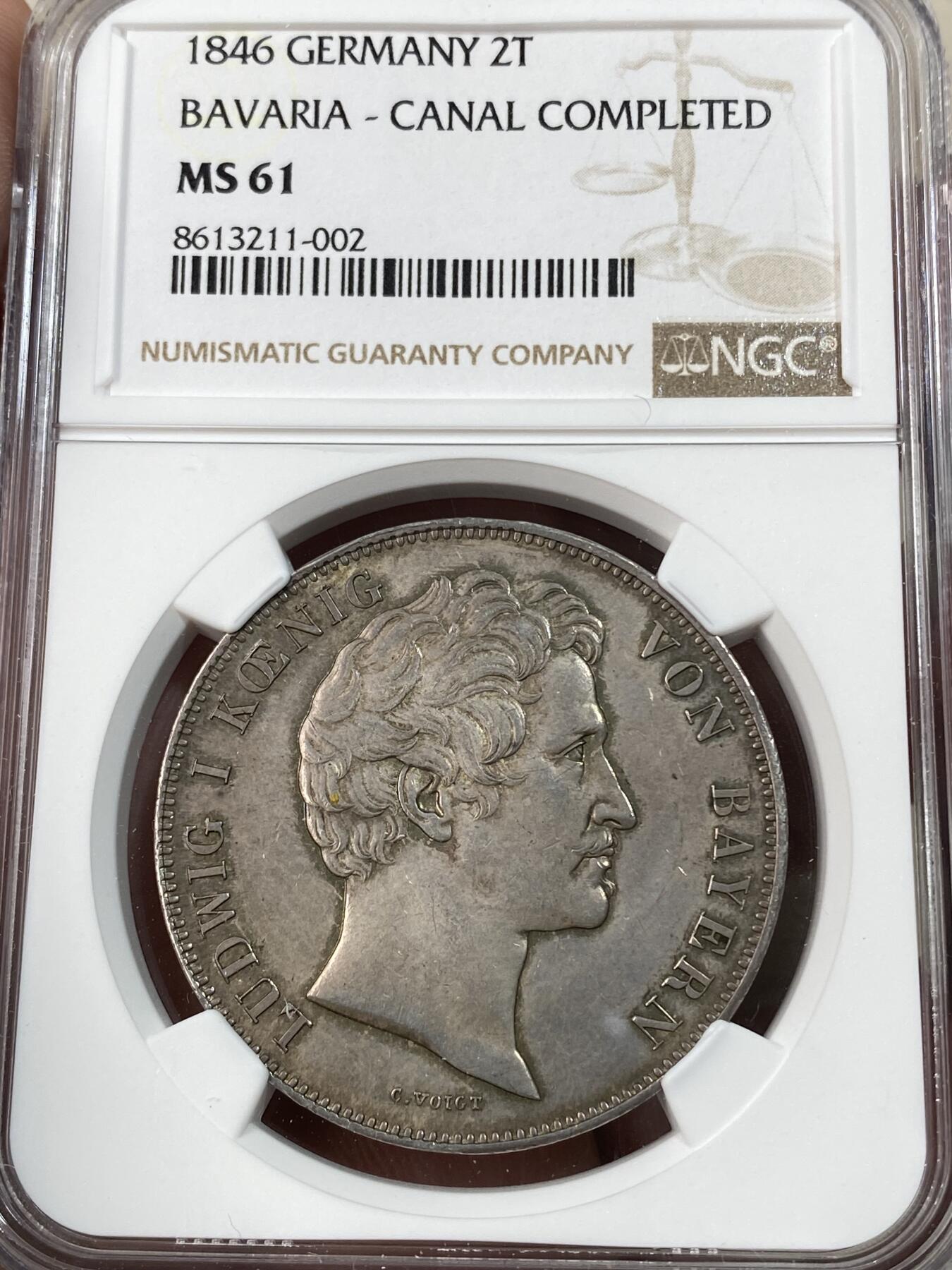 万国钱币拍卖第051期 NGC MS61 1846年德国巴伐利亚路德维希一世纪念多瑙河与美因河运河竣工历史2泰勒 原味玫瑰红彩包浆 历史泰勒中的高难品种