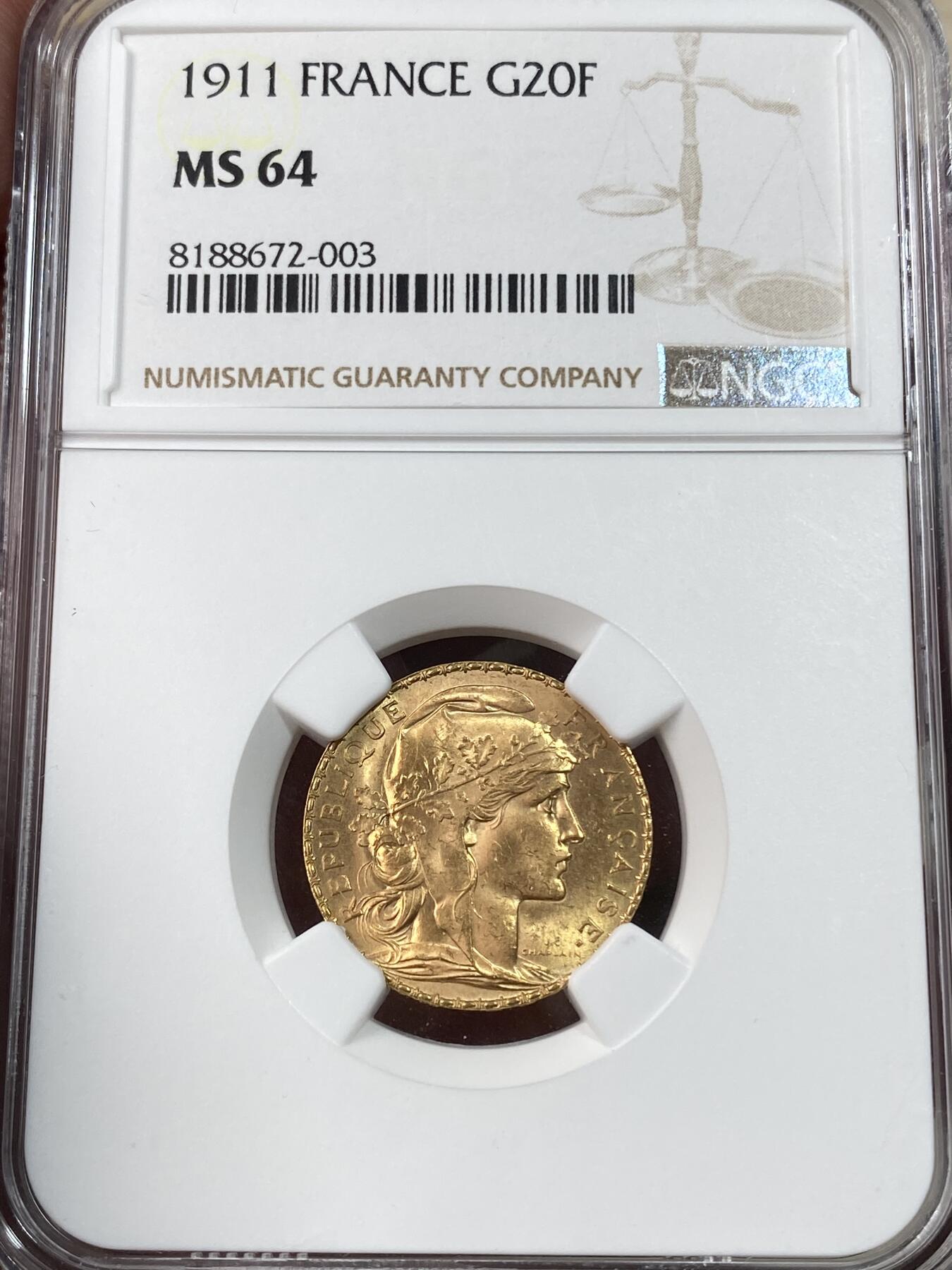 万国钱币拍卖第051期 NGC MS64 1911年法国自由帽女神20法郎金币 丝绸底板金光闪闪 6.45g 900金