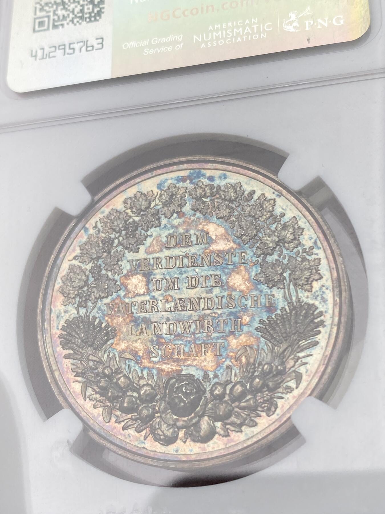 万国钱币拍卖第051期 NGC MS64 19世纪德国巴伐利亚王国农业奖励银章 所见最美七色幻彩 顶级高分 收藏级品质