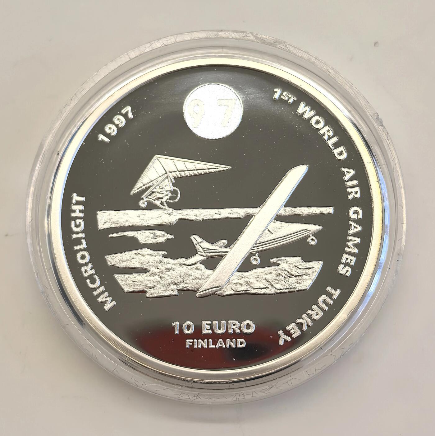 博洋堂世界钱币拍卖第135期（全场包邮）【请留意本场发货时间变化】 芬兰1997年10欧元精制官方银代币 第一届土耳其世界航空运动会-超轻型飞机‌ 27克925银 发行量：2万 有边铭