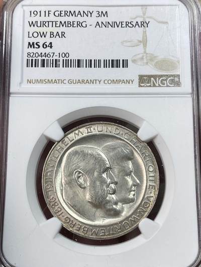 万国钱币拍卖第051期 - NGC MS64 1911年德国符腾堡威廉二世结婚纪念长翅3马克 原光品相