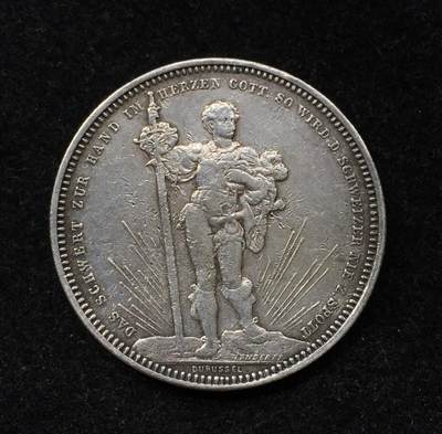 世界钱币专场拍卖 - 1879年瑞士巴塞尔射击节5法郎流通银币 25克 90%银