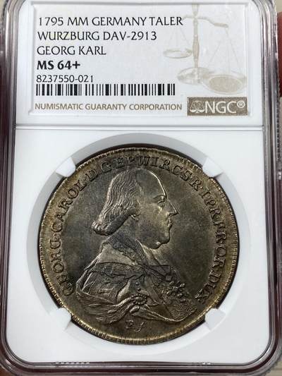 万国钱币拍卖第051期 - NGC MS64+ 1795年德国乌兹堡乔治卡尔盾徽大泰勒 华丽欧陆五彩 纹章设计非常有趣 罕见18世纪小邦泰勒 NGC唯一冠军分