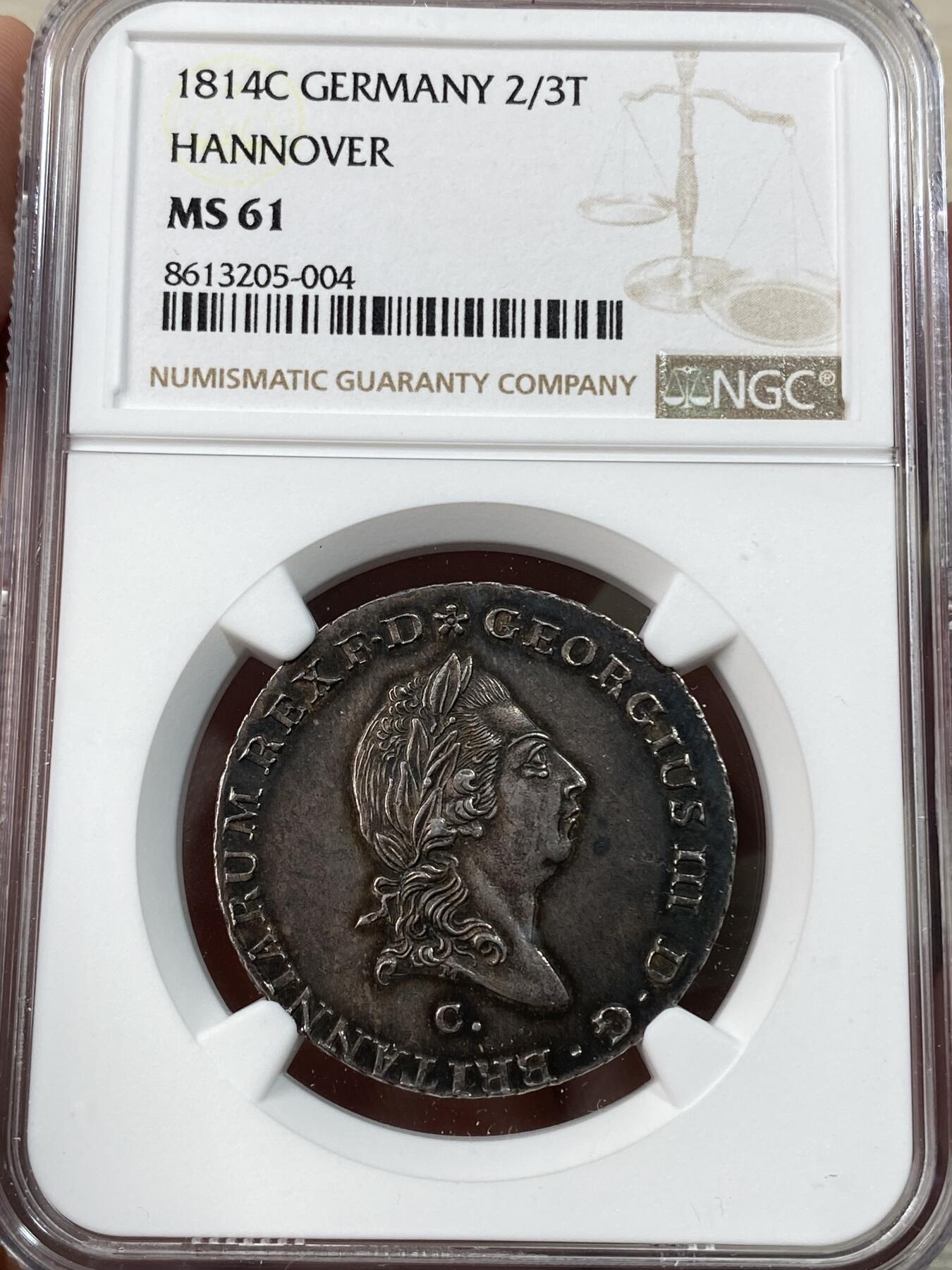 万国钱币拍卖第051期 NGC MS61 1814年英国共主德国布伦瑞克-吕讷堡-卡伦堡-汉诺威乔治三世2/3泰勒大银币 原味均匀欧陆酱彩极美