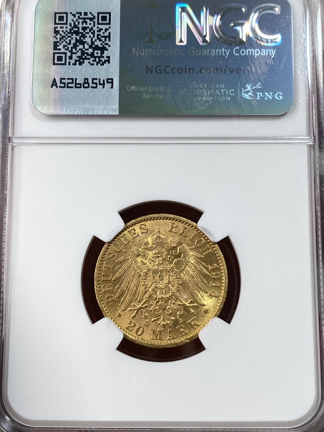 万国钱币拍卖第051期 NGC MS62 1914年德国威廉二世军装版20马克金币 经典威廉二世军装系列 强转光品相 7.96g 900金