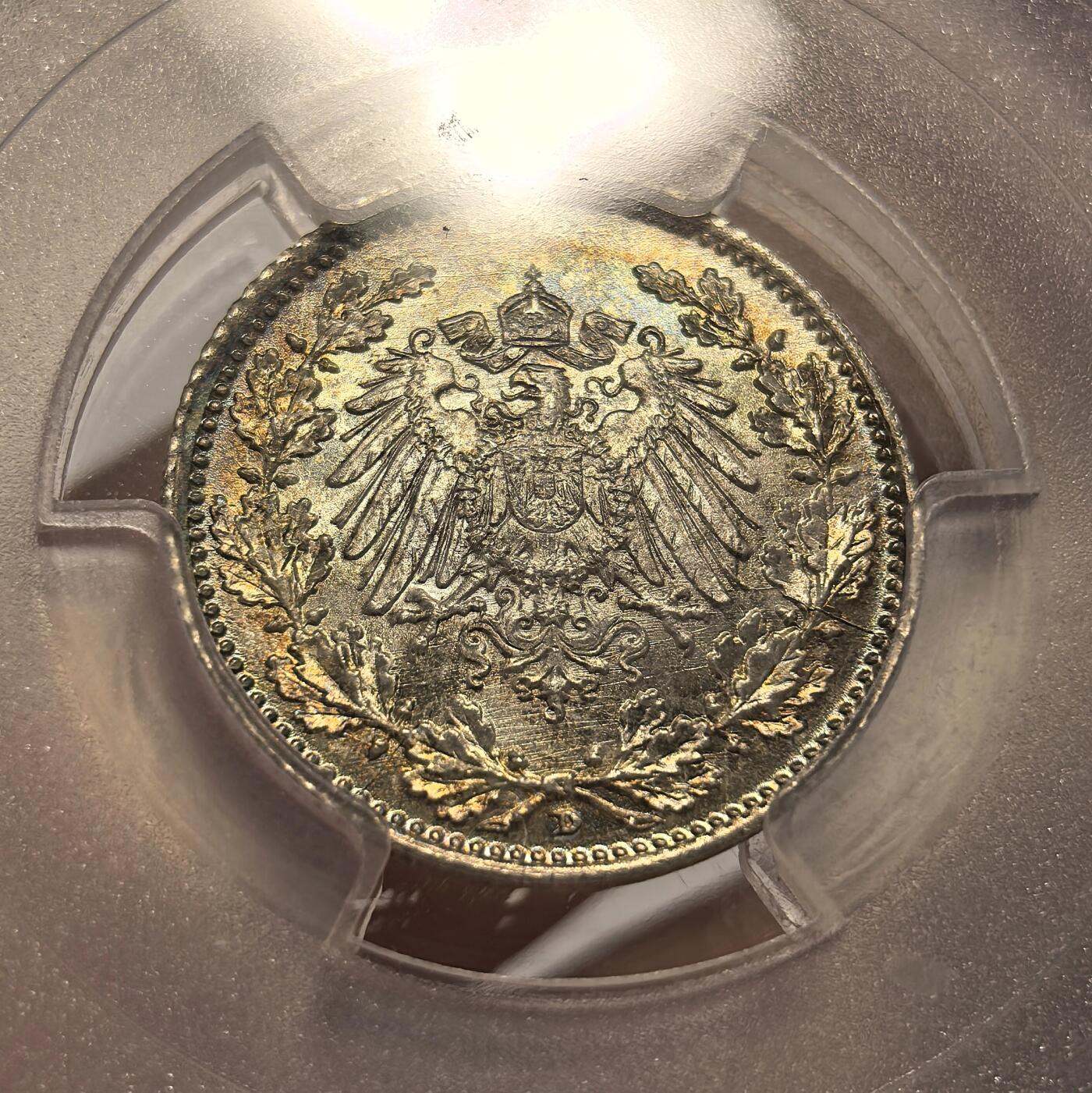 博洋堂世界钱币拍卖第135期（全场包邮）【请留意本场发货时间变化】 PCGS MS67 德国第二帝国1918年流通1/2马克银币，黄金彩，超高分！