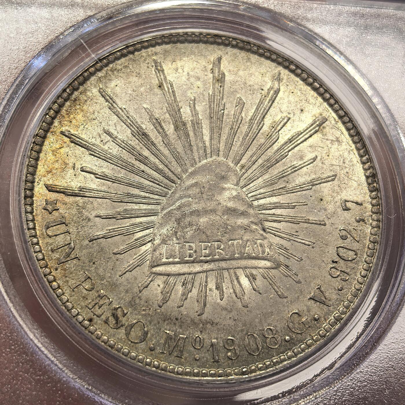 博洋堂世界钱币拍卖第135期（全场包邮）【请留意本场发货时间变化】 PCGS MS64 墨西哥1908MO GV版直边鹰洋 高分原味深打好状态 老盒子严评