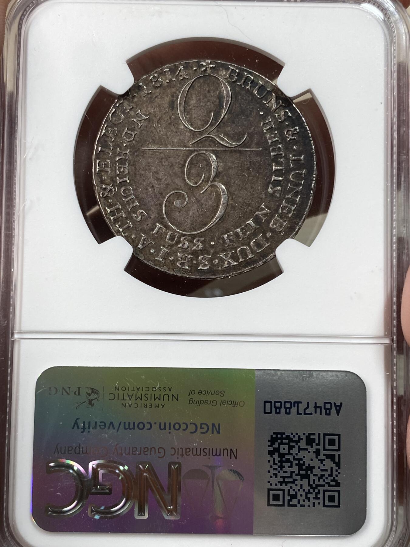万国钱币拍卖第051期 NGC MS61 1814年英国共主德国布伦瑞克-吕讷堡-卡伦堡-汉诺威乔治三世2/3泰勒大银币 原味均匀欧陆酱彩极美