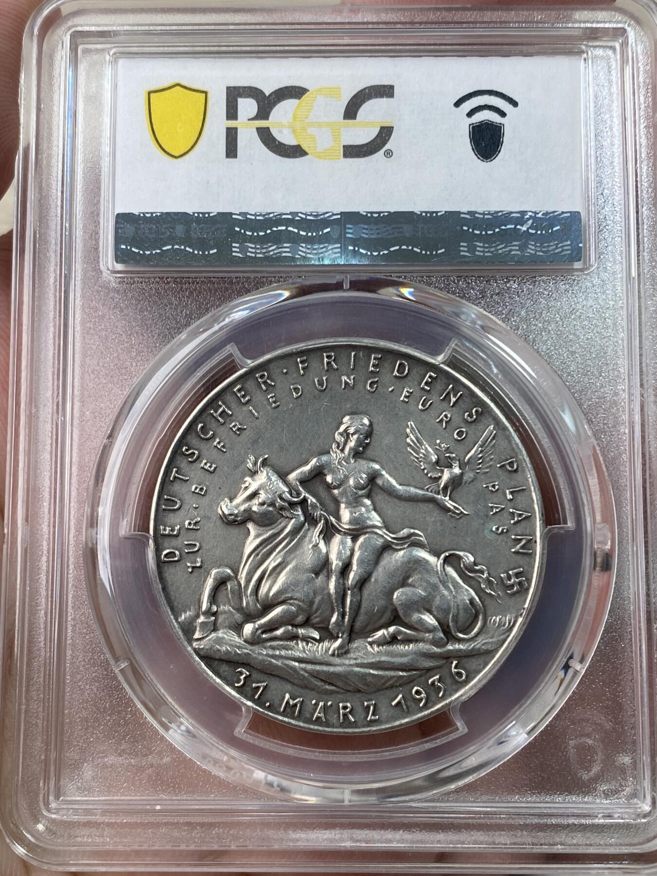万国钱币拍卖第051期 PCGS SP61 1936年德国民族社会主义工人党党首纪念欧洲和平计划银章 半裸日耳曼尼娅女神坐在公牛身上手持和平鸽 卡尔哥茨倾力设计 罕见三帝国名誉品种（原图请私信后台或自行查询官网）