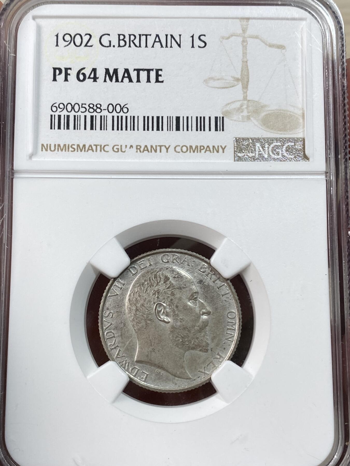 万国钱币拍卖第051期 NGC PF64 1902年英国爱德华七世精制1先令 MATTE磨砂精制 原味淡彩