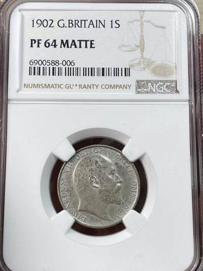 万国钱币拍卖第051期 - NGC PF64 1902年英国爱德华七世精制1先令 MATTE磨砂精制 原味淡彩