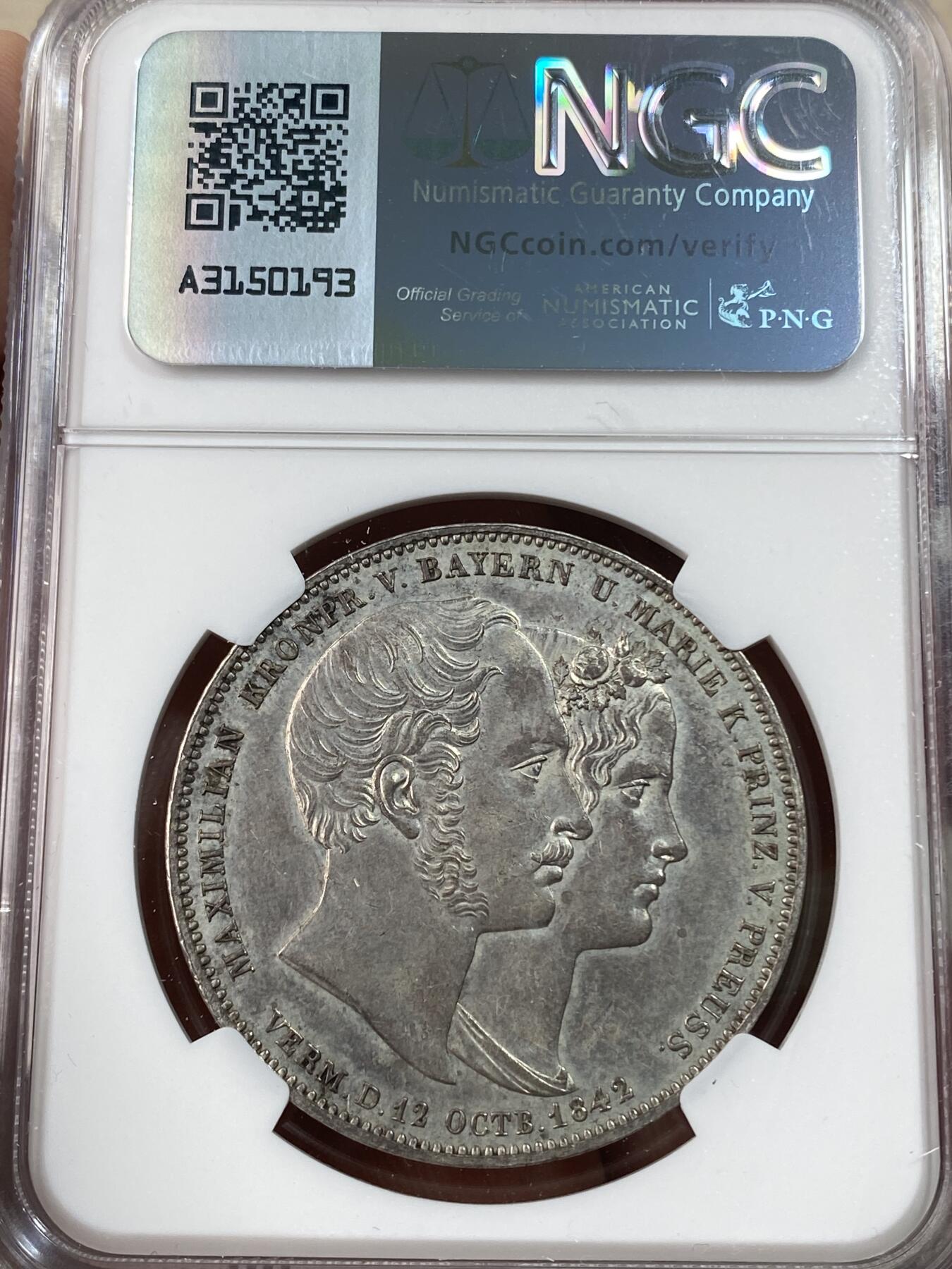 万国钱币拍卖第051期 NGC MS61 1842年德国巴伐利亚路德维希一世皇太子大婚纪念历史2泰勒 经典历史泰勒系列 原味淡彩轻微镜面非常舒适