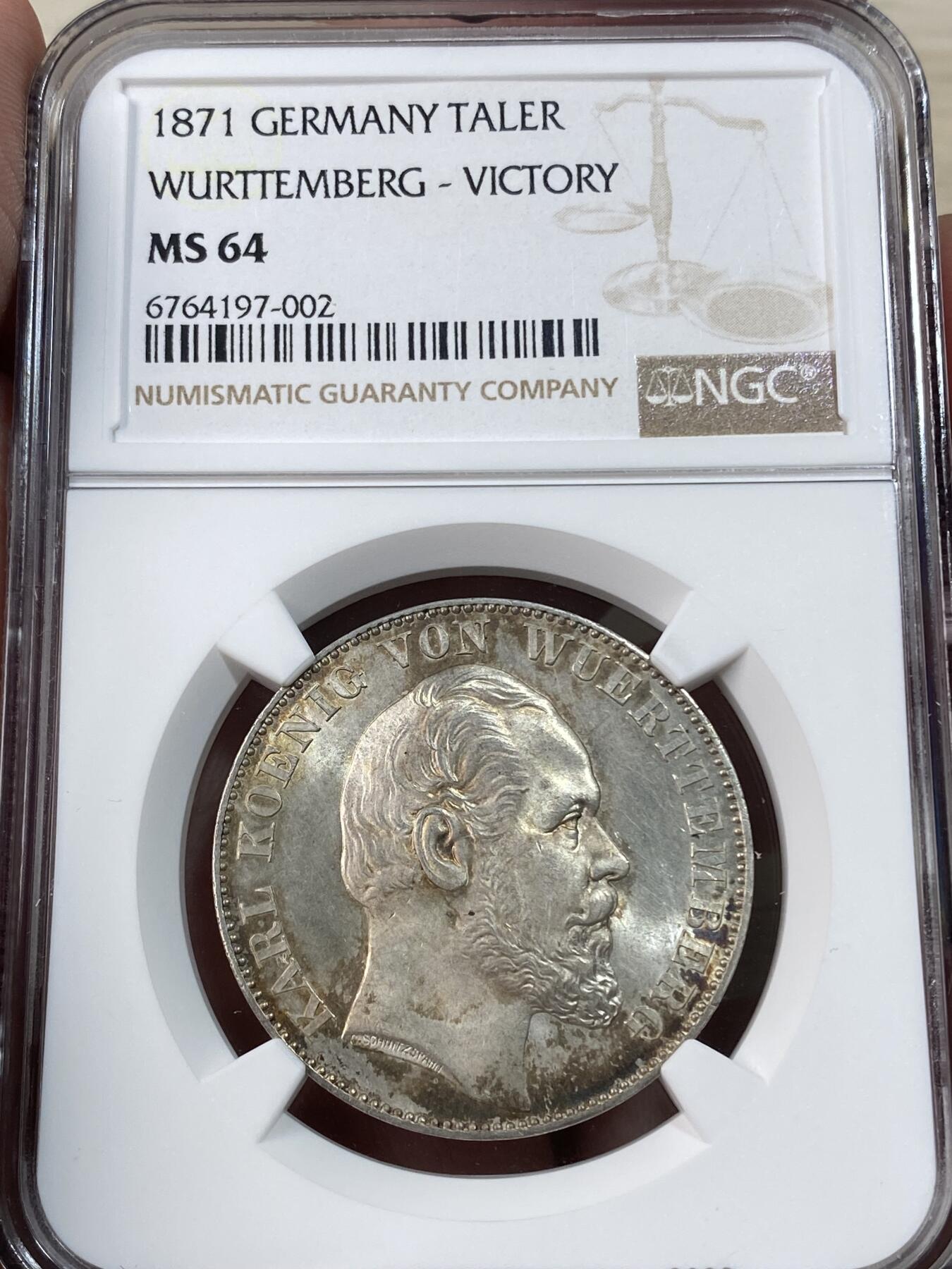 万国钱币拍卖第051期 NGC MS64 1871年德国符腾堡普法战争胜利泰勒 胜利系列难点品种 温润转光底板与银霜感极强的浮雕形成强烈反差