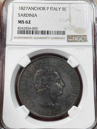 万国钱币拍卖第051期 - NGC MS62 1827意大利萨丁5里拉 高品少见品种 非常漂亮的欧陆五彩包浆