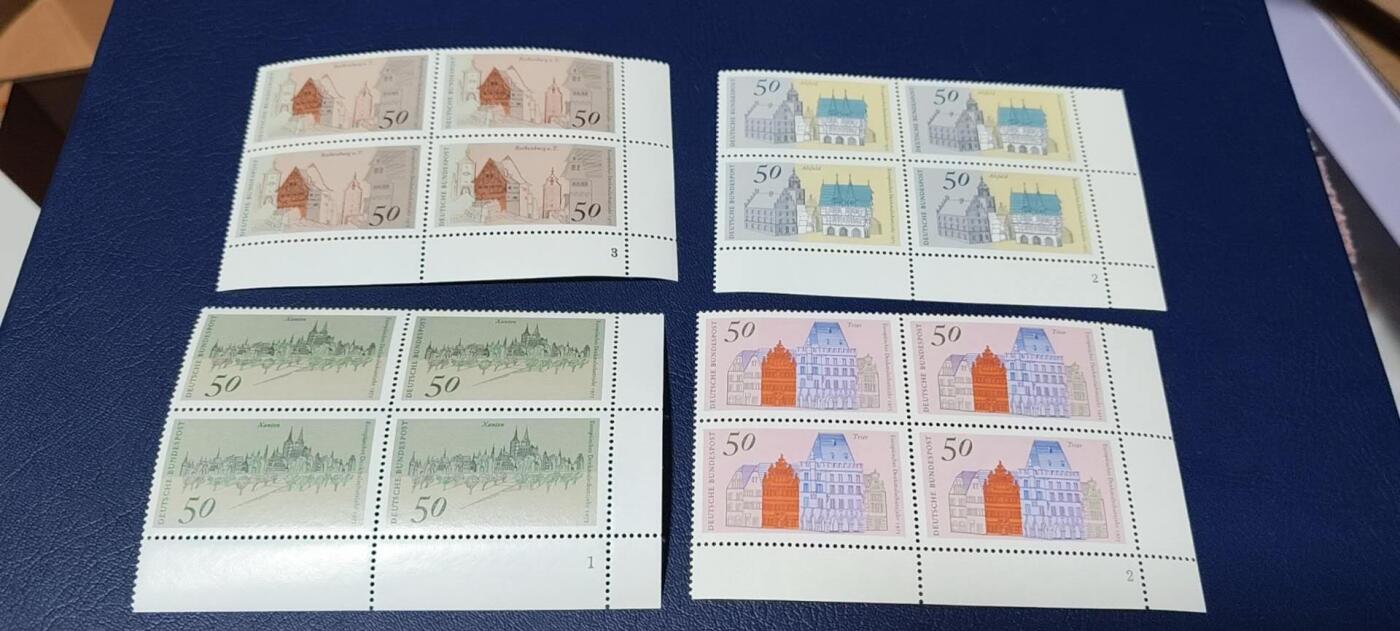 德国邮票专场，都是四方联🔥套票🔥 德国邮票四方联一套，1975年发行，德国  欧州古建筑保护年4全，品相如图