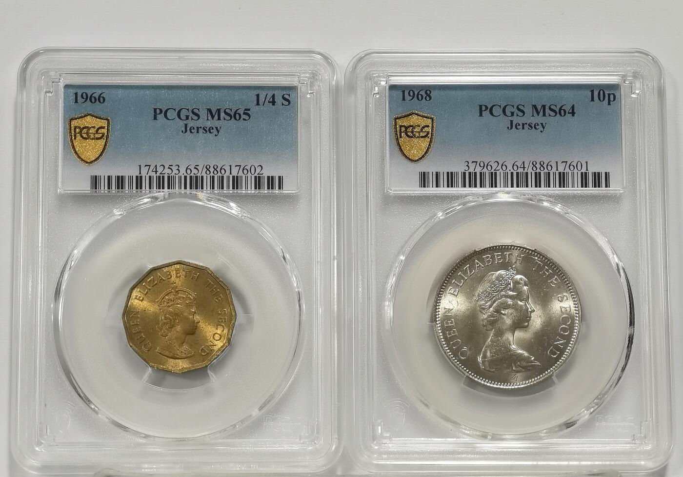 博洋堂世界钱币拍卖第135期（全场包邮）【请留意本场发货时间变化】 PCGS MS65 英属泽西1966年1/4先令、PCGS MS64 英属泽西1968年10便士2枚一对