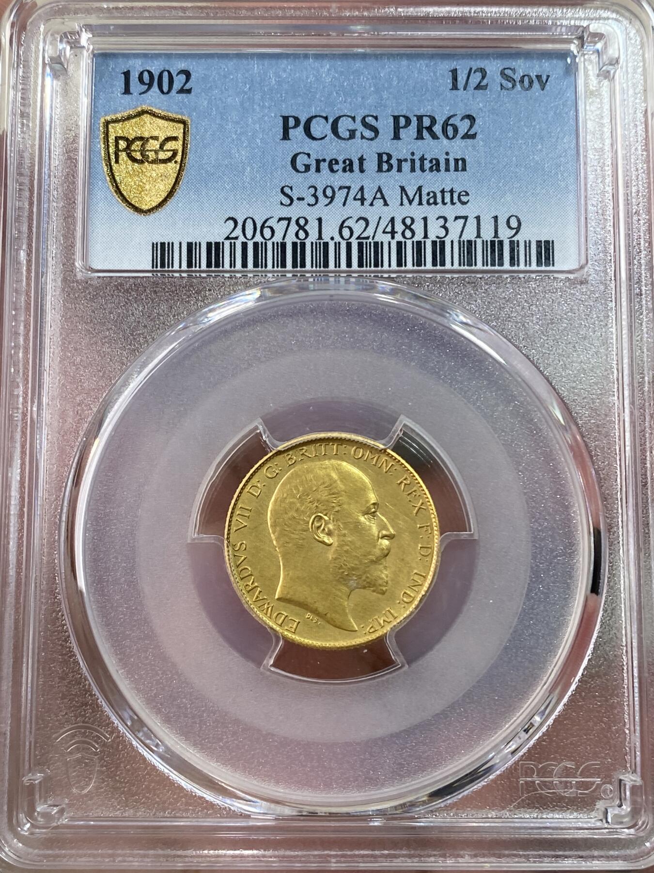 万国钱币拍卖第051期 PCGS PR62 1902年英国爱德华七世精制1/2索维林马剑金币 精制磨砂MATTE工艺 3.99g 917金