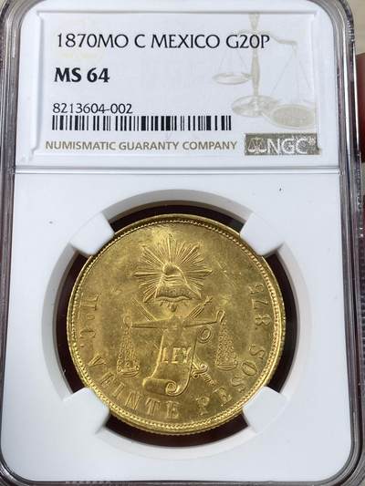 万国钱币拍卖第051期 - NGC MS64 1870MO C墨西哥天平鹰20比索大金币 发行量14000枚 高品极其罕见的墨西哥大金 金质化天平令人爱不释手 潜力品种 NGC冠军分 33.84g 875金