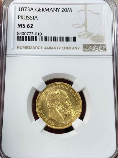 万国钱币拍卖第051期 - NGC MS62 1873年德国普鲁士威廉一世短翅流通20马克金币 柏林厂铸 丝滑金光闪耀 7.96g 900金
