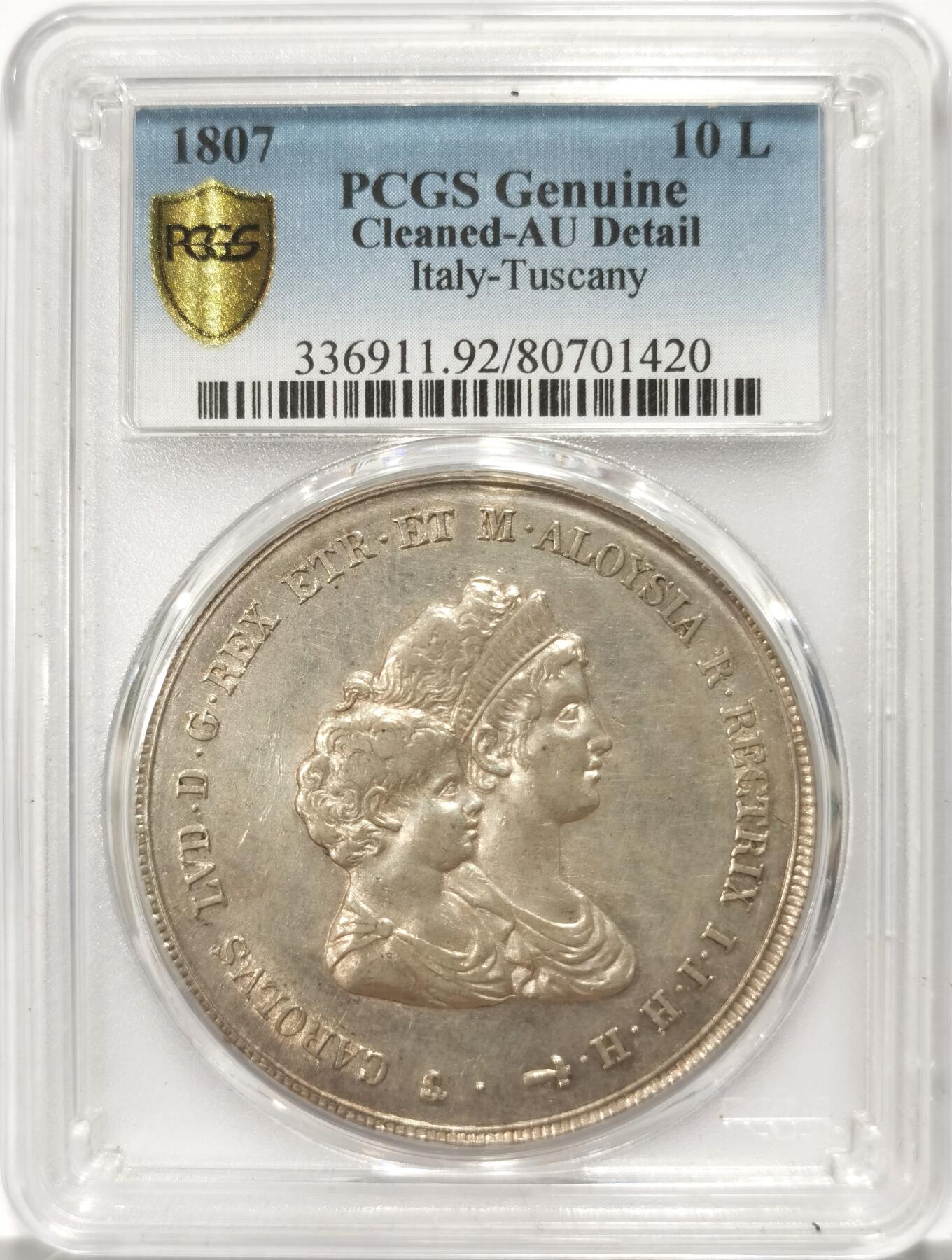 博洋堂世界钱币拍卖第135期（全场包邮）【请留意本场发货时间变化】 PCGS AU 意大利托斯卡纳1807年玛利亚路易莎母子10里拉大银币