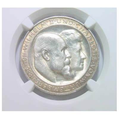 【银】NGC UNC 德国符腾堡1911年 威廉二世银婚3马克银币 金色包浆 开卷原光 - 【银】NGC UNC 德国符腾堡1911年 威廉二世银婚3马克银币 金色包浆 开卷原光