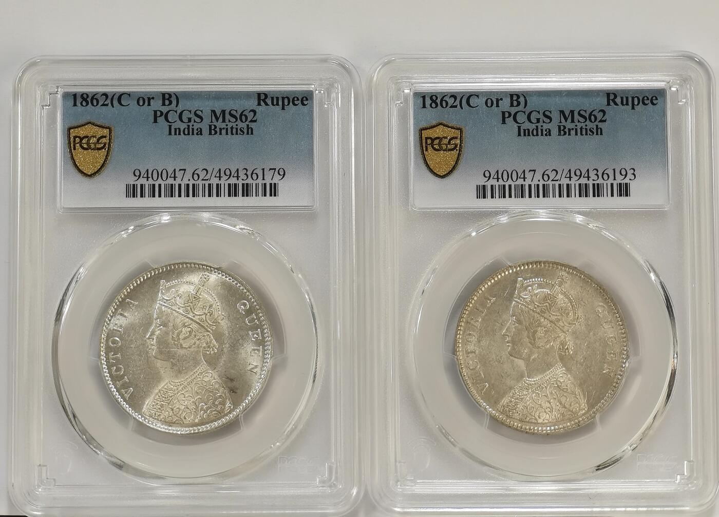 博洋堂世界钱币拍卖第135期（全场包邮）【请留意本场发货时间变化】 PCGS MS62 英属印度1862年维多利亚1卢比银币少见四点版2枚一对3