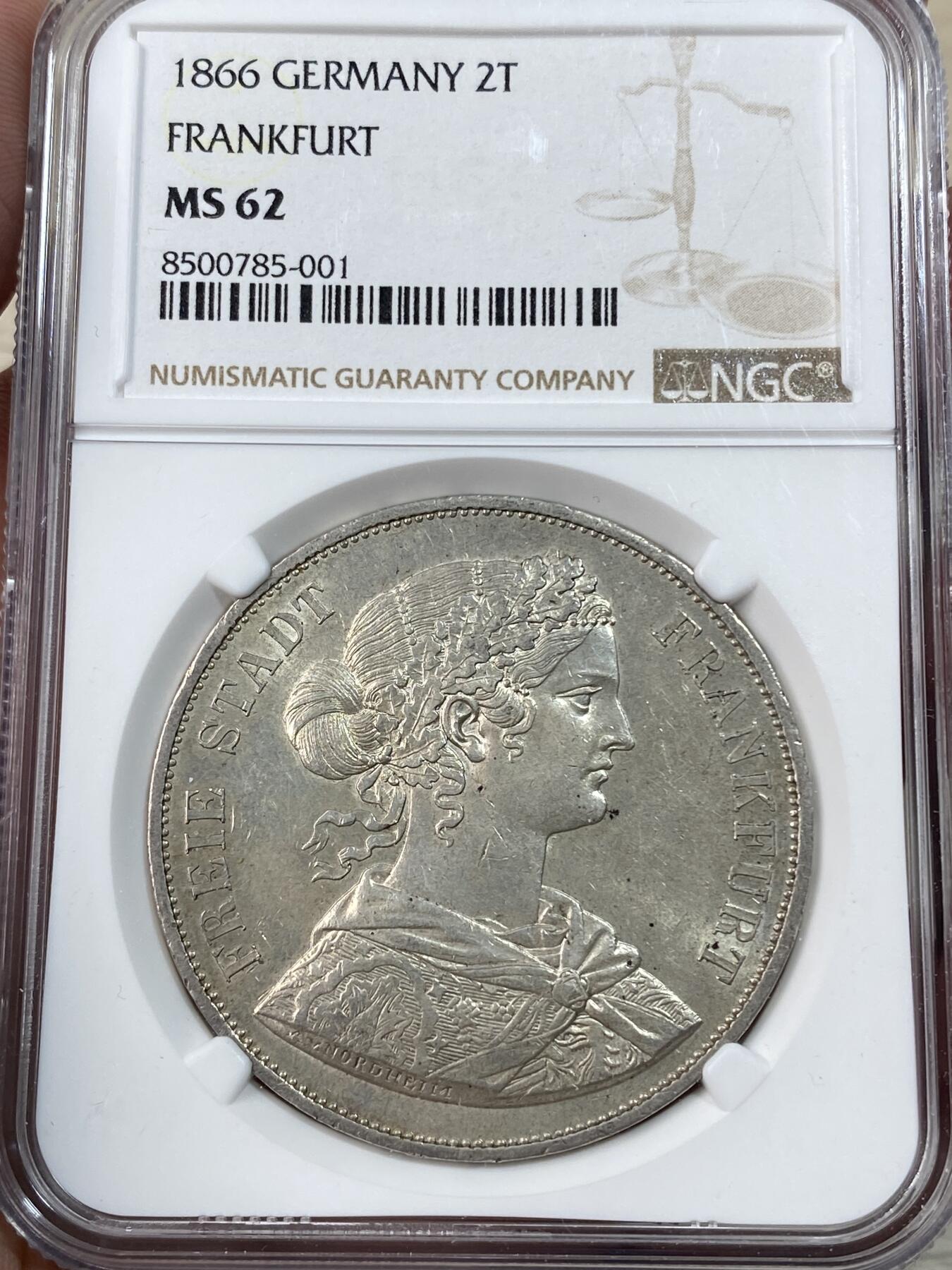 万国钱币拍卖第051期 NGC MS62 1866年德国法兰克福少女流通2泰勒 原味转光打制锋利
