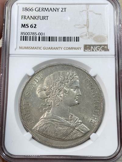 万国钱币拍卖第051期 - NGC MS62 1866年德国法兰克福少女流通2泰勒 原味转光打制锋利