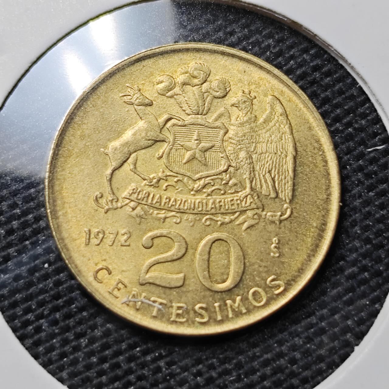 KK钱币收藏小铺 第324期 2月预留时间 周末发货  1970智利20分铜币 好品