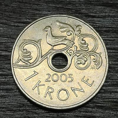 【铜匠收藏】★第129场★散币场，无佣金，30包邮。不满30元，支付5元运费。《接受代拍 代送NGC评级》 - 挪威 2005年 1克朗 中孔 镍币
