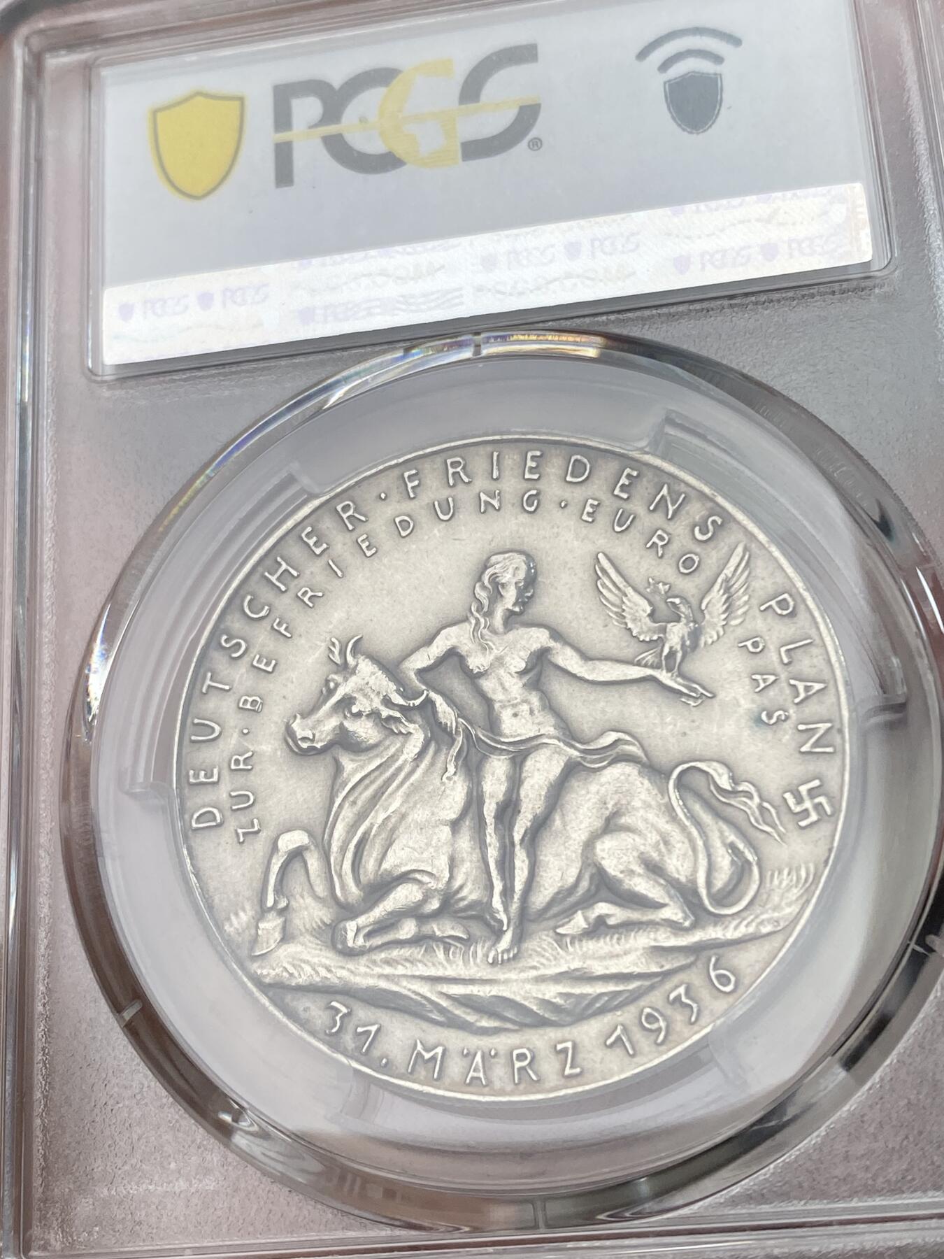 万国钱币拍卖第051期 PCGS SP61 1936年德国民族社会主义工人党党首纪念欧洲和平计划银章 半裸日耳曼尼娅女神坐在公牛身上手持和平鸽 卡尔哥茨倾力设计 罕见三帝国名誉品种（原图请私信后台或自行查询官网）