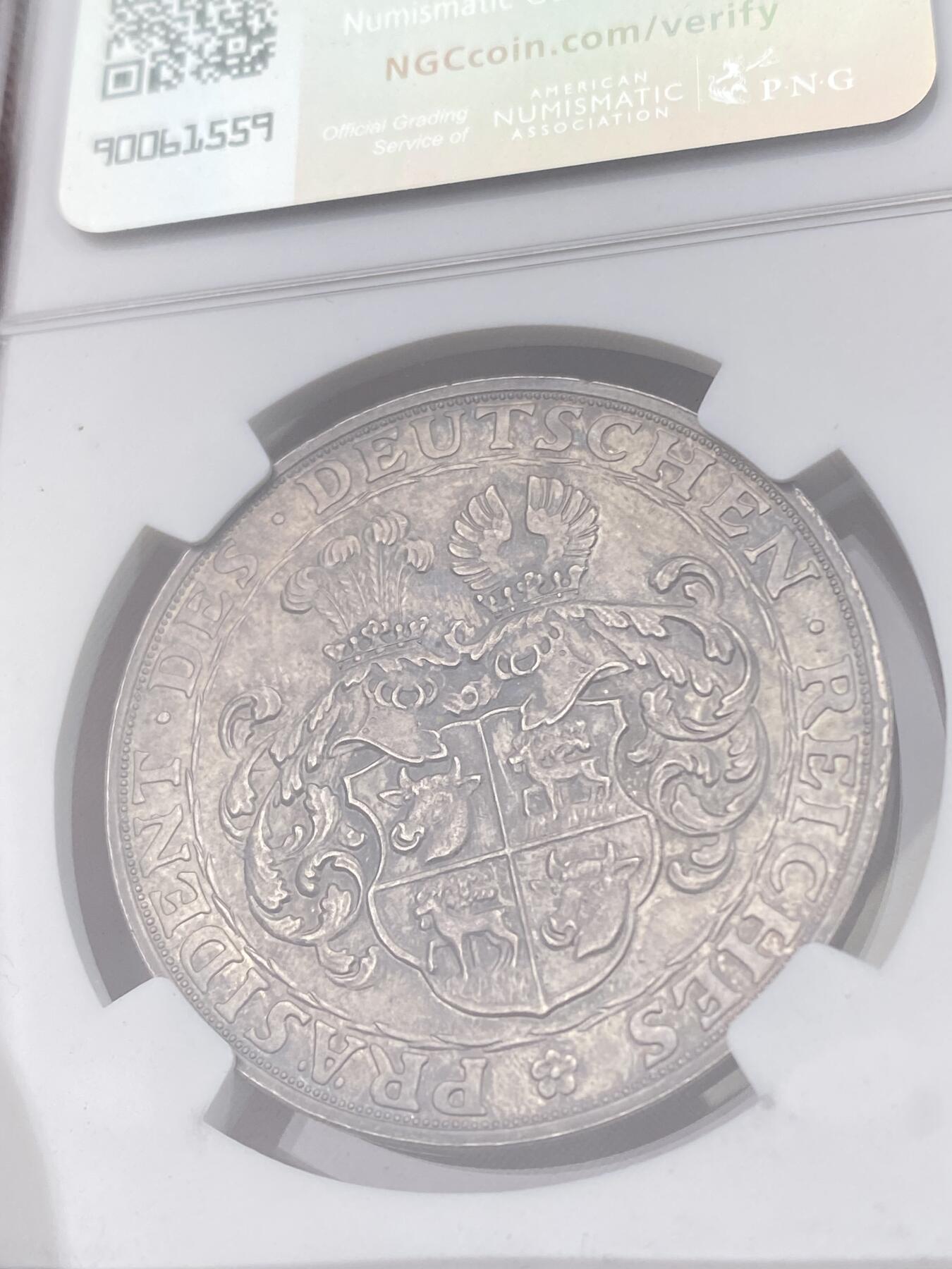 万国钱币拍卖第051期 NGC PF63 1928年德国魏玛共和国兴登堡总统精制5马克币章 伯恩哈特设计经典左脸像 精制环玫瑰红彩锋利无比