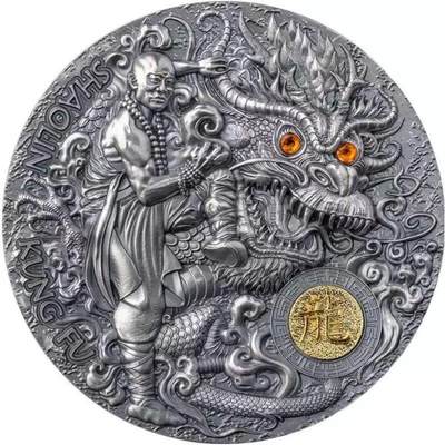 第170期拍卖【长期征集拍品】 - 标题6(起拍价0元) 纽埃2023年, 2盎司,中国少林功夫五行拳系列-龙形拳,  超高浮雕,仿古镀金,镶嵌橙色施华洛世奇银币. 盒证全. 遵照国际最高银币质量标准制造. 大热门精品,中国元素银币. 此枚图案“武僧”为系列中唯一带佛珠的功夫和尚，配上气宇轩昂的中国龙. 本系列共5枚. 机会难得. 国外售价401+美元