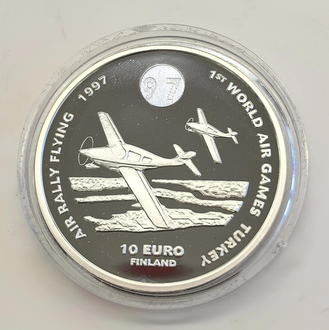 博洋堂世界钱币拍卖第135期（全场包邮）【请留意本场发货时间变化】 芬兰1997年10欧元精制官方银代币 第一届土耳其世界航空运动会-飞机拉力赛 27克925银 发行量：2万 有边铭