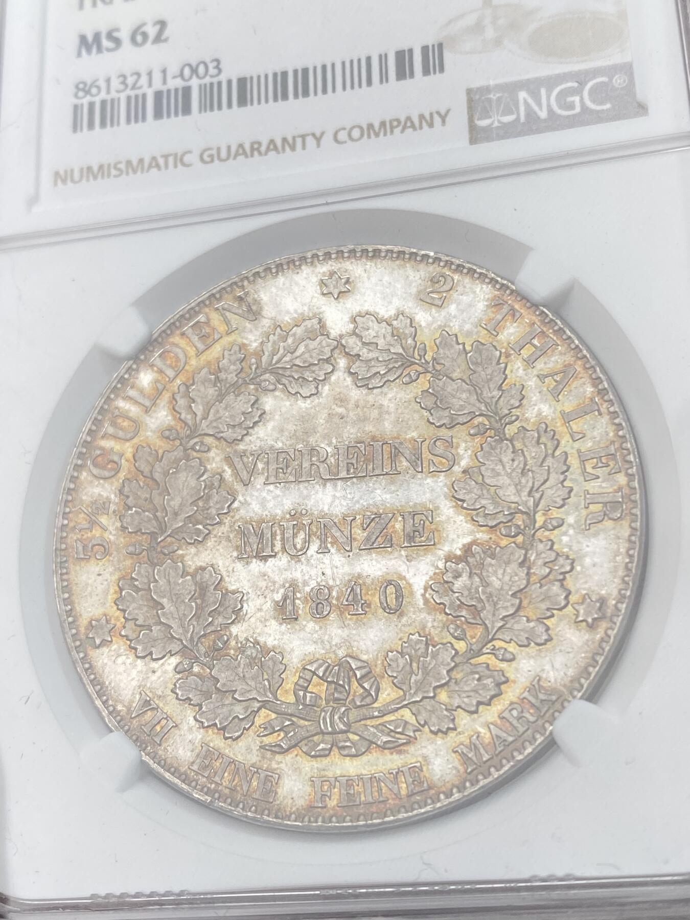 万国钱币拍卖第051期 NGC MS62 1840年德国法兰克福新铸币厂开业纪念2泰勒 德邦2泰勒史诗级品种之一 铸造量仅仅649枚 NGC亚军分 评级记录仅6枚  此枚双面深打类镜面质感 原味淡五彩覆盖 绝对不可多得的顶级2T藏品 麦稀奇首拍品种