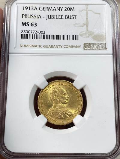 万国钱币拍卖第051期 - NGC MS63 1913年德国威廉二世军装版20马克金币 威廉二世军装强转光高品 7.96g 900金
