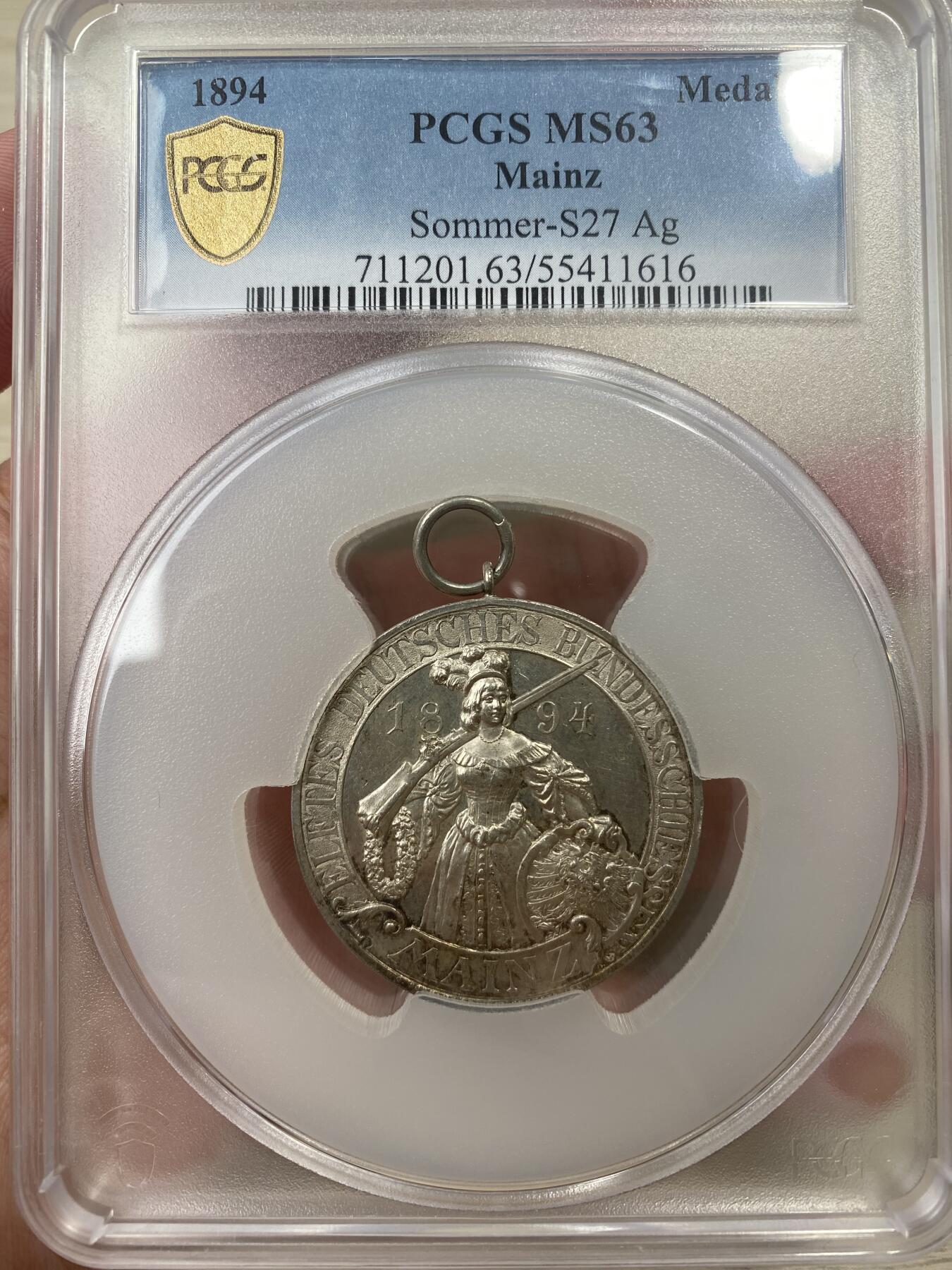 万国钱币拍卖第051期 PCGS SP63 1894年德国美因茨第十一届联邦射击节纪念大银章 经典景观题材德射 超赞银霜镜面少女与城市景观的完美结合 高点完美