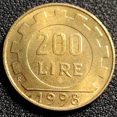 泉币菌-第88场-散币乐园场 - 原铜光UNC 意大利1998年200里拉 丰收女神 齿轮 铝青铜币 外国硬币 24mm 