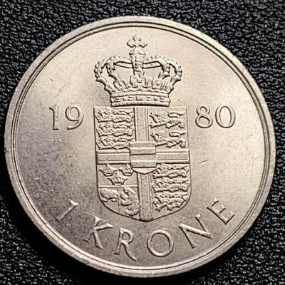泉币菌-第90场-散币乐园场 带光美品 丹麦1980年1克朗 皇冠 玛格丽特二世女王 BB版 铜镍币 25.5mm