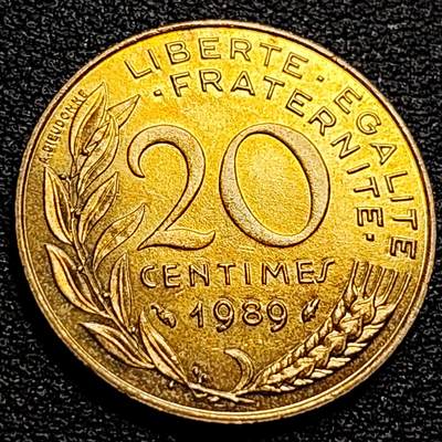 泉币菌-第90场-散币乐园场 原铜光UNC 法国1989年20生丁铜币 玛丽安娜 入欧前末版 绝版
