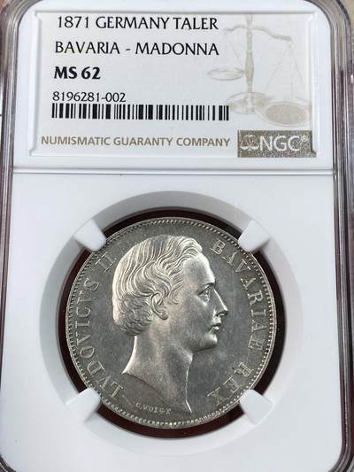 万国钱币拍卖第051期 - NGC MS62 1871年德国巴伐利亚路德维希二世圣母抱婴流通1泰勒 胜利年份 原味粉光极美