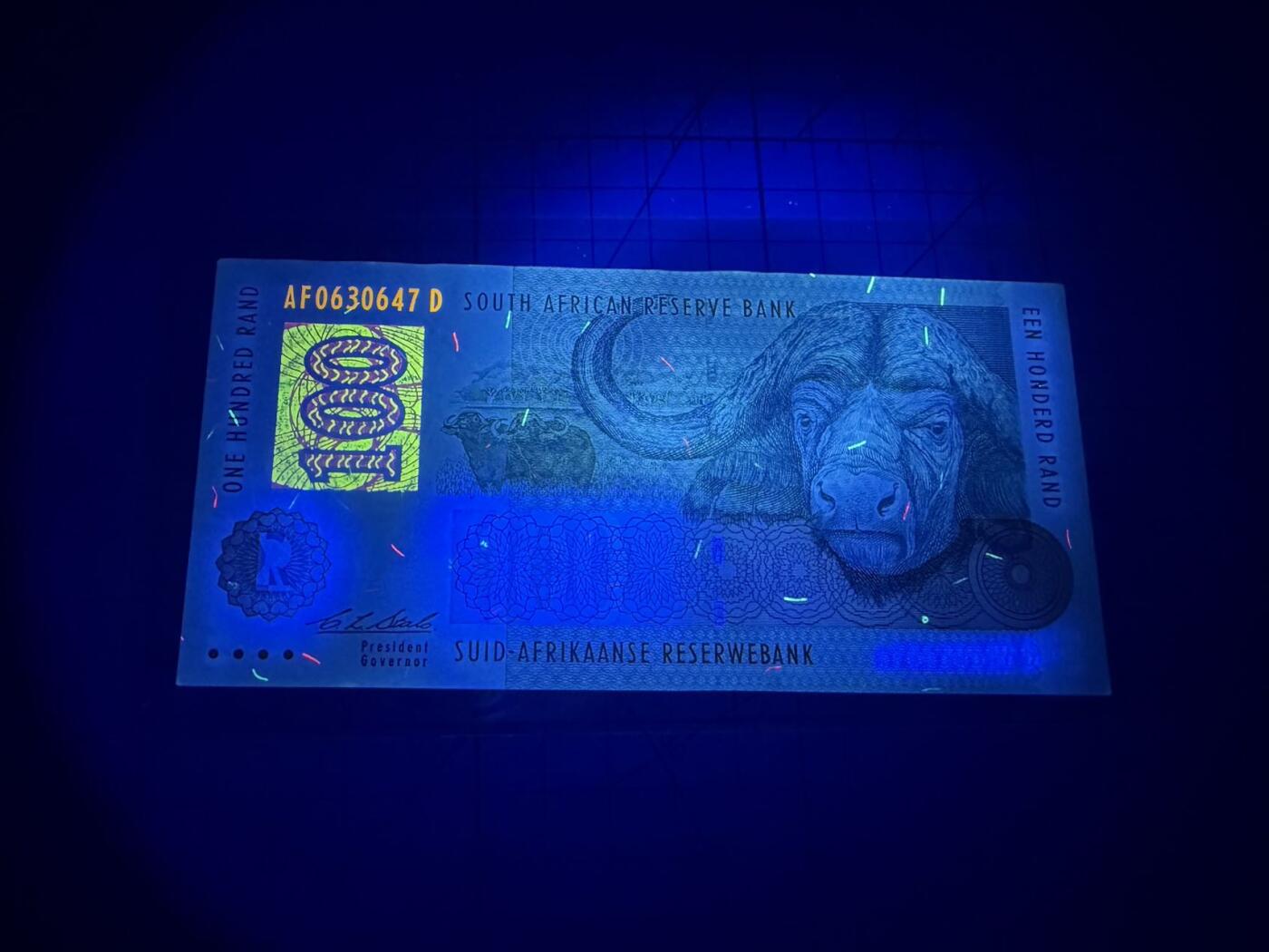 【炜奕收藏】，第四十一期 1994年南非100兰特，UNC-品相，有针孔，初版签名