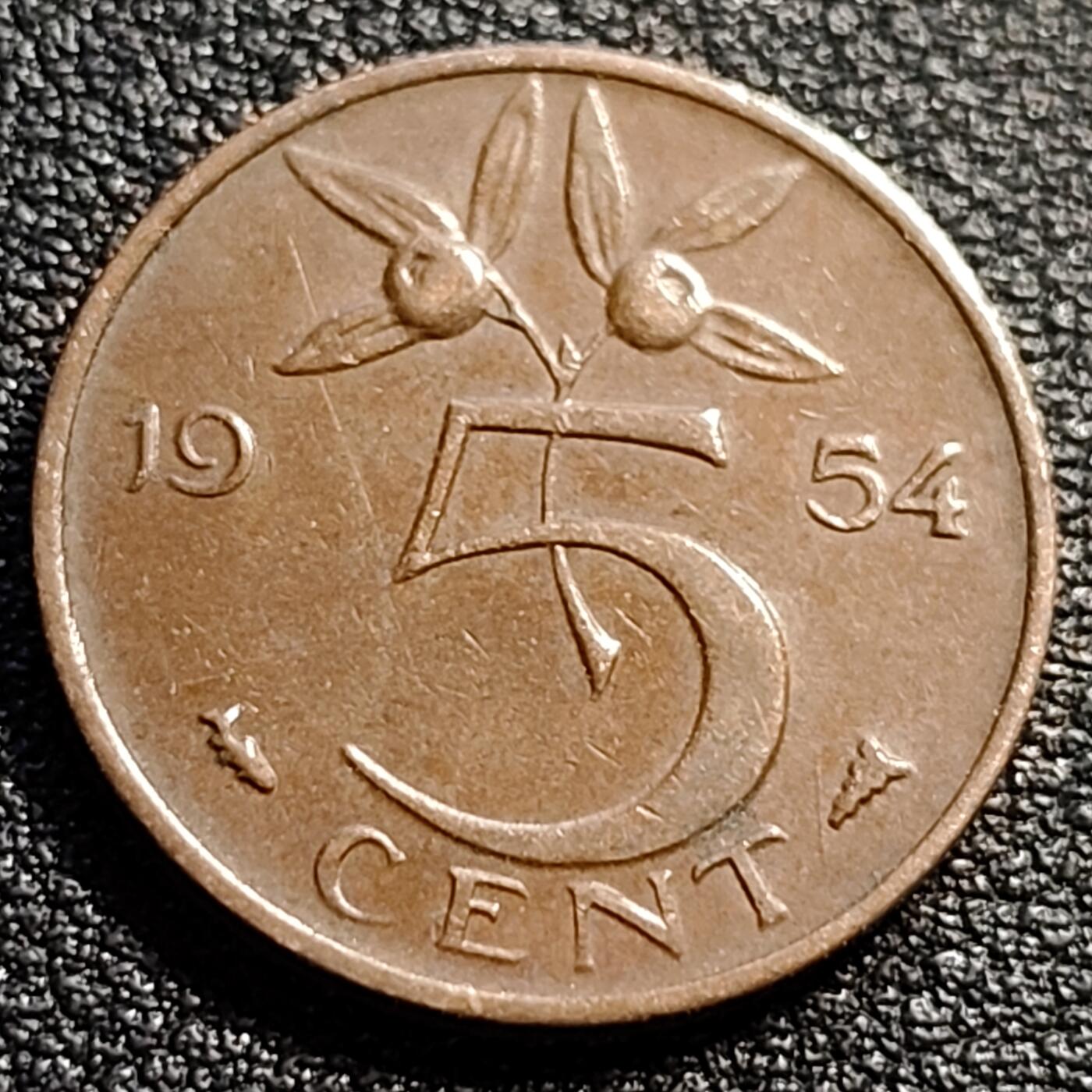 泉币菌-第88场-散币乐园场 美品 荷兰王国 1954年5分 橙子 朱丽安娜女王 公鸡&星星暗记 青铜币 21mm 