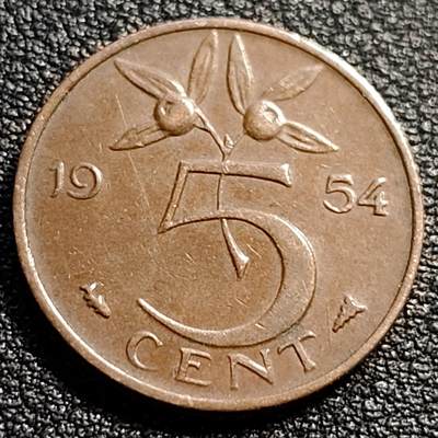 泉币菌-第88场-散币乐园场 - 美品 荷兰王国 1954年5分 橙子 朱丽安娜女王 公鸡&星星暗记 青铜币 21mm 