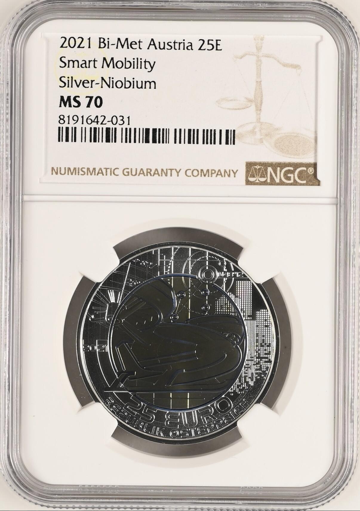 S&S Numismatic世界钱币-拍卖 第113期  获奖币*奥地利2021年 智能出行 25欧元银+铌双色纪念币 盒证齐全 NGC MS70