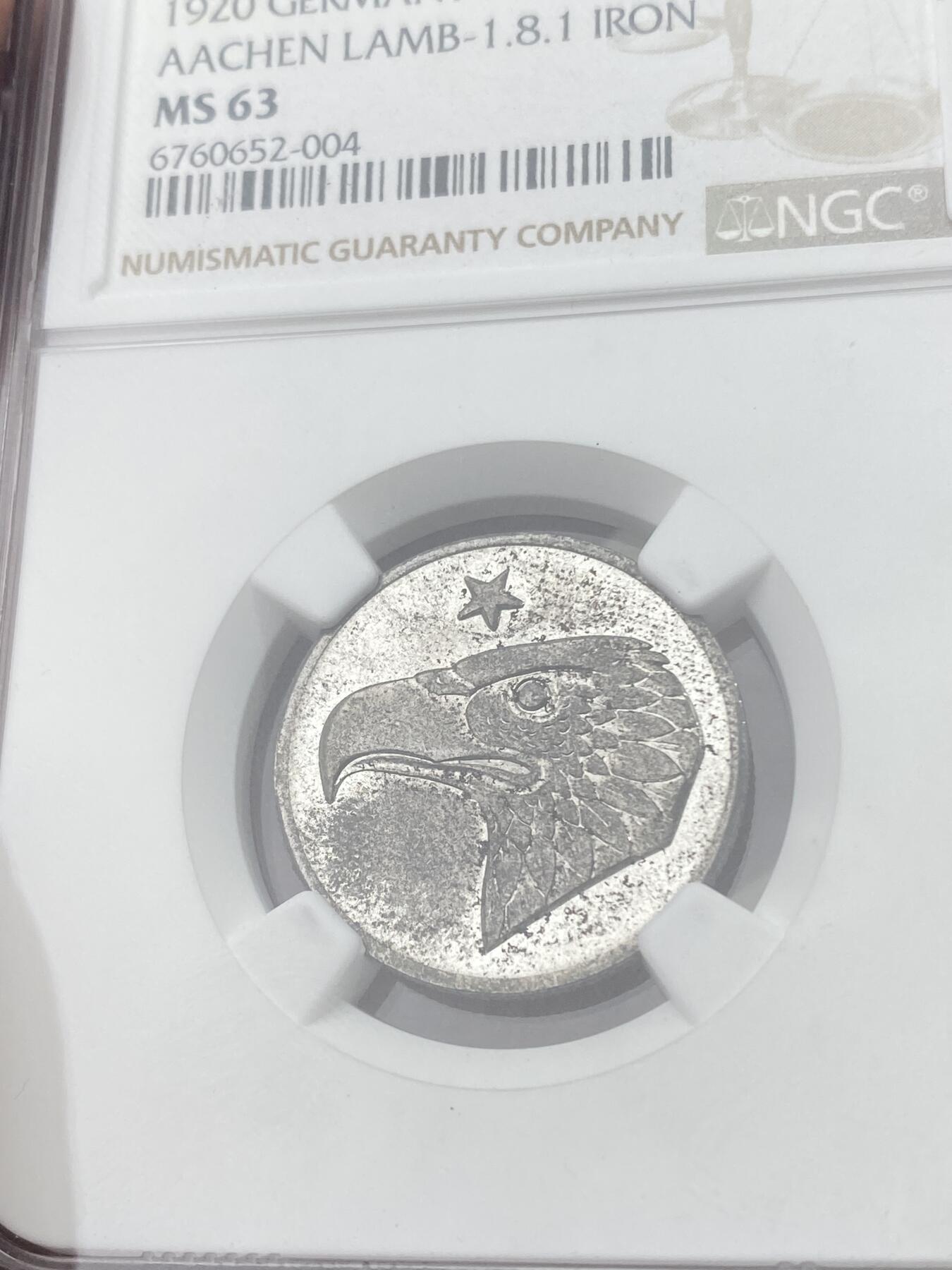 万国钱币拍卖第051期 NGC MS63 1920德国亚琛老鹰50芬尼铁币 霸气的设计令人过目难忘 铁币保存不易 原味好品难得